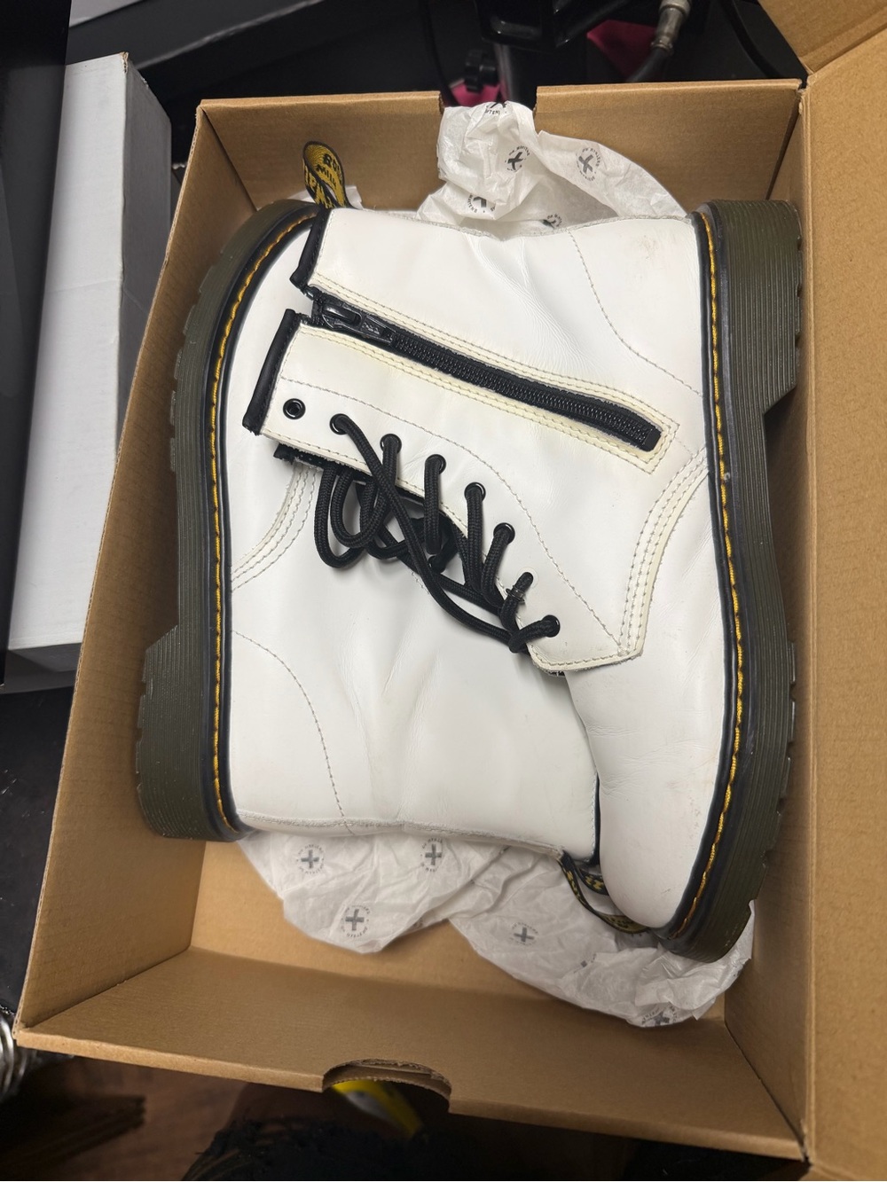 Dr. Martens White Leather Lace-Up Combat Boots with Side Zip